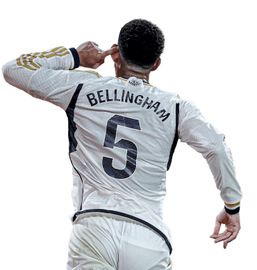 Jude Bellingham Real Madrid Football Render PNG. Bellingham aparece celebrando un gol con el Madrid.
