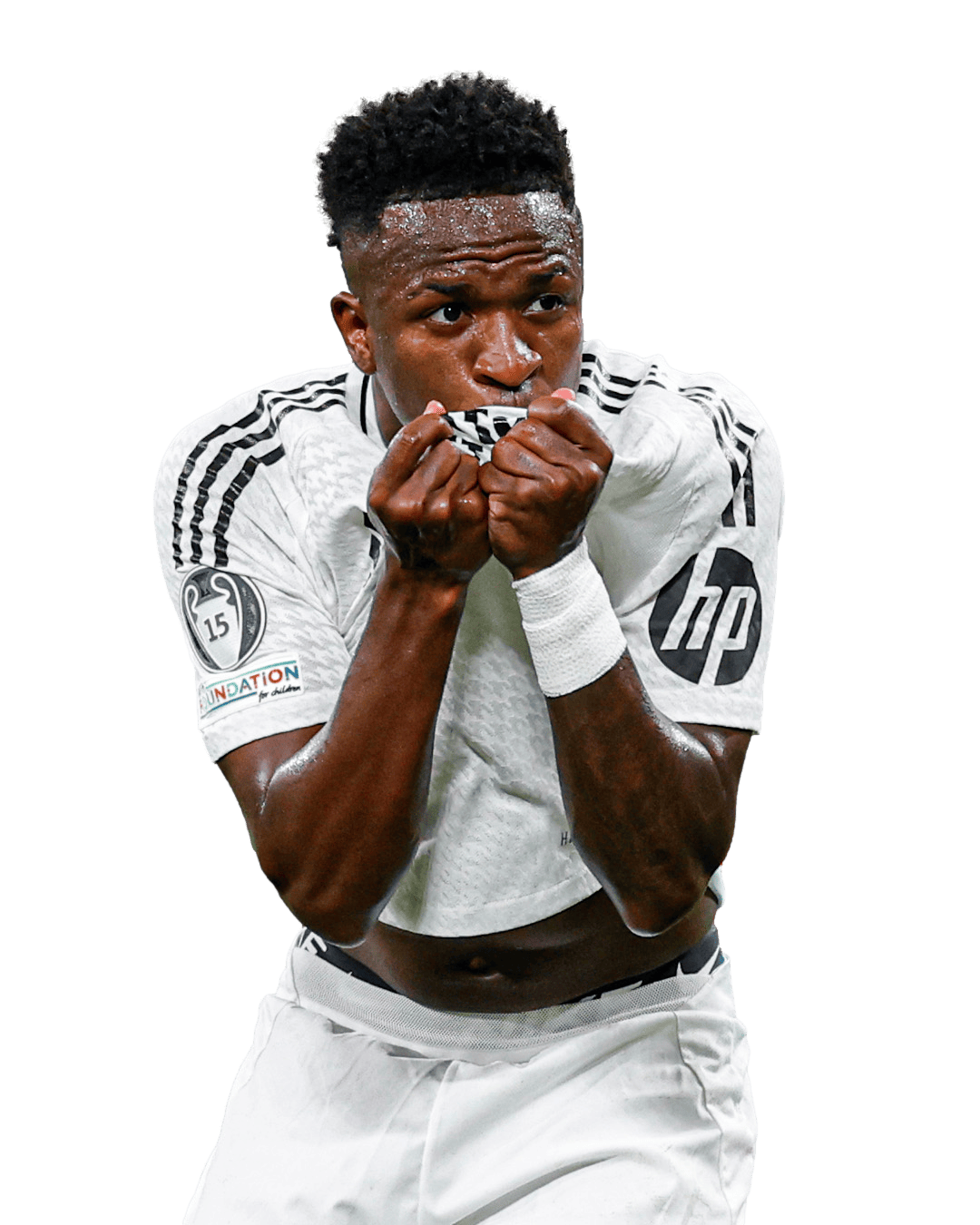 Vinicius PNG Real Madrid Footbal Render. Vini se besa el escudo del Madrid