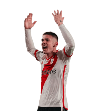 Mastantuono PNG River Plate Football Render. Celebrando un Gol