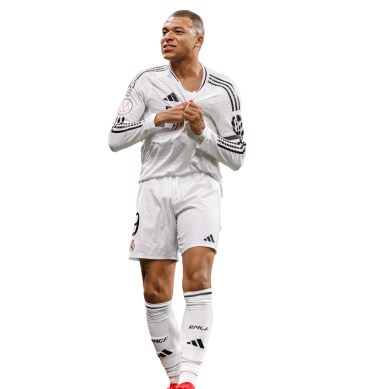 Mbappe PNG Real Madrid Football Render. Señalando el escudo del Real Madrid tras marcar gol.